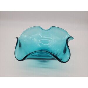 Lenox Organics Turquoise Blue Teal Art Glass Wave Ruffle Bowl Crystal Poland 10"